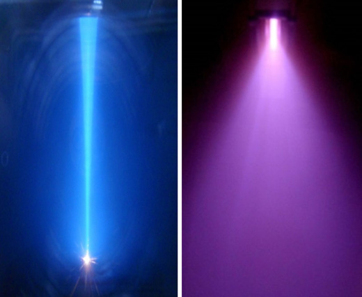 Фотография электронного пучка в сфокусированном и расфокусированном режимах